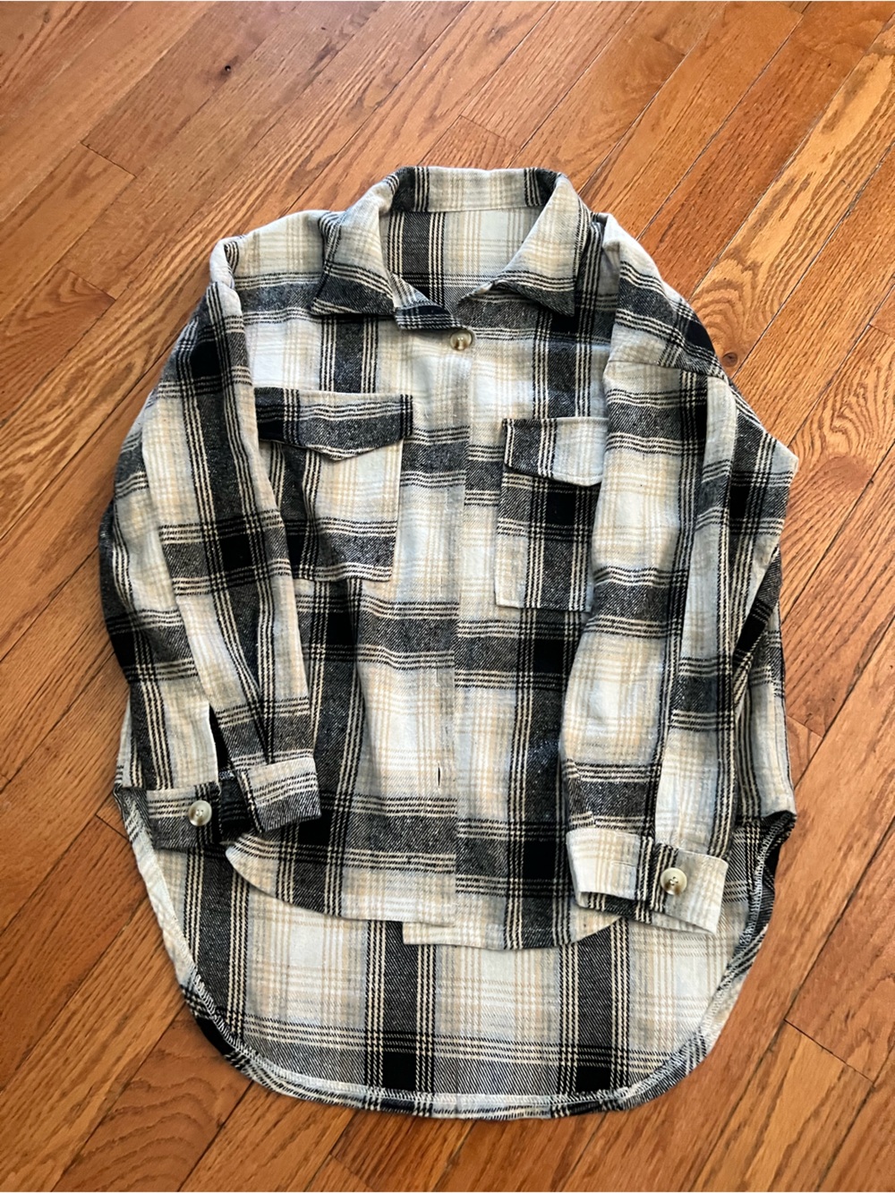 Women's Black and Cream Plaid Button-Down Shirt